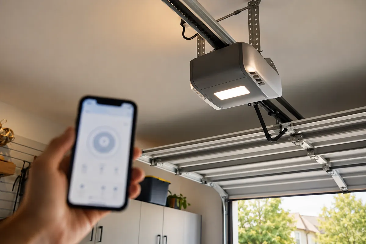 A modern belt-drive garage door opener on the ceiling rail with a homeowner's phone in the foreground