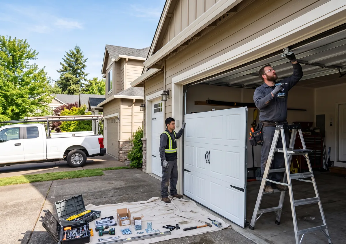Installers fit a new sectional garage door panel into the tracks of a two-car garage