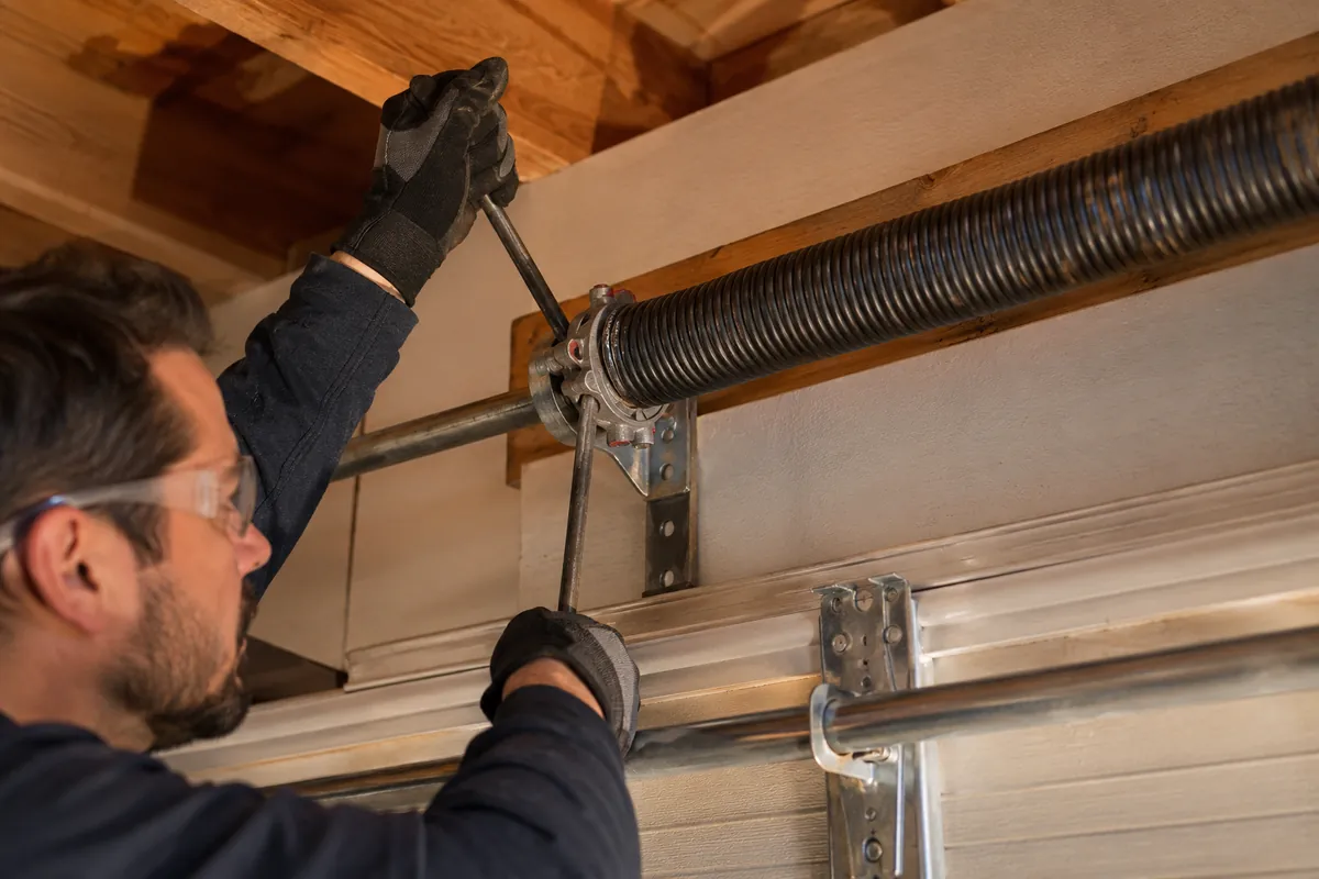 A technician carefully adjusts a garage door torsion spring with winding bars